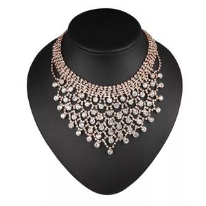 Evening gold statement bling Diamond Cz necklace long big luxury pave